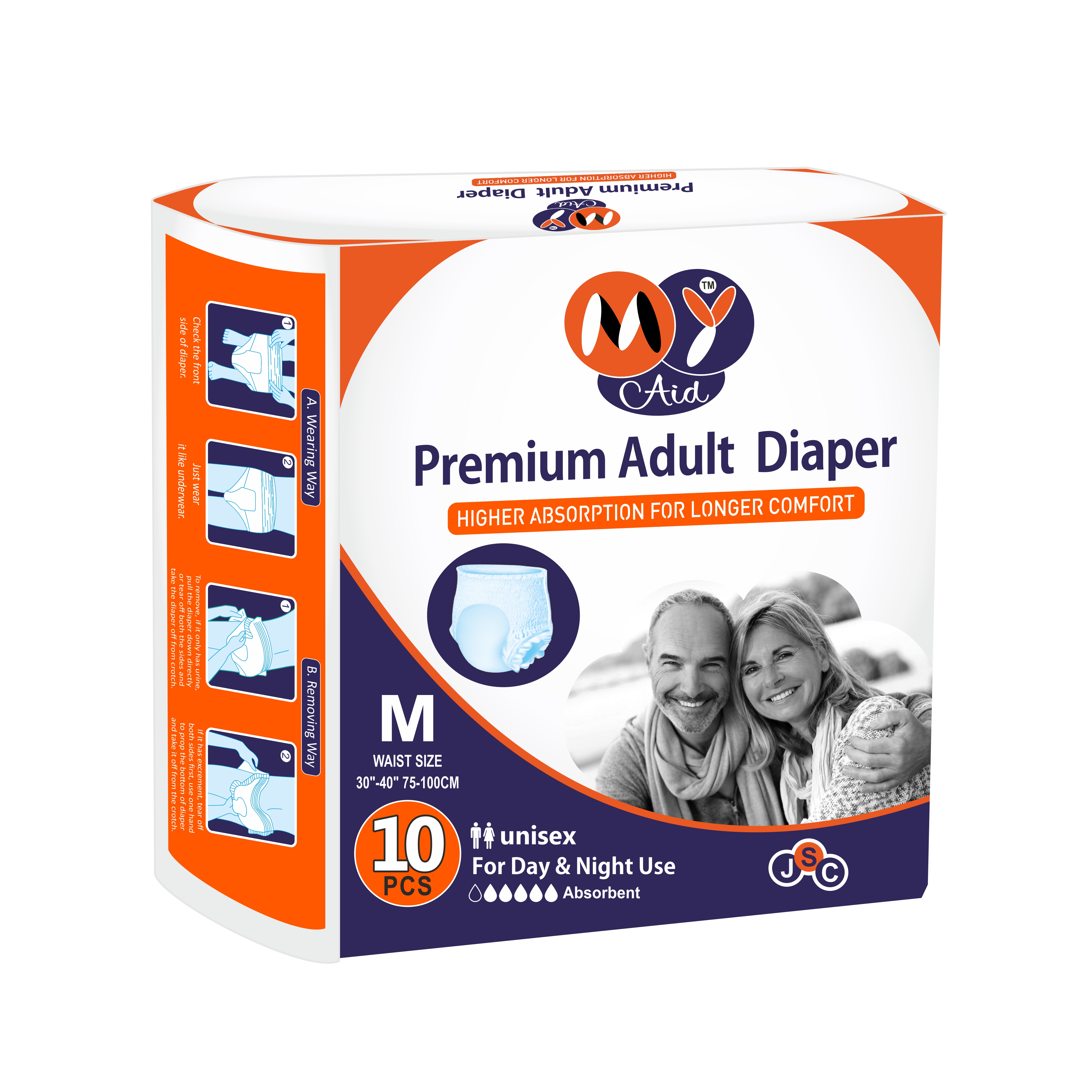 MyAid Premium Adult Diaper M 10s Packs_ Waist Size 30″- 40″  75-100cm